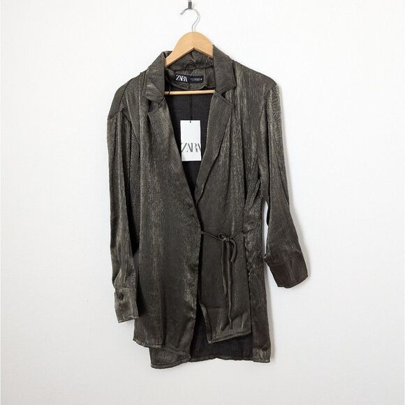 NWT Zara olive green wrinkle crinkle effect satin wrap tie flowy blazer top - Picture 3 of 7